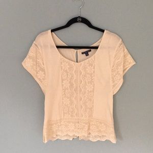American Eagle Outfitters Pale Cream Lace Panel Short Sleeve Top